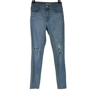 Levis Jeans 26 721 High Rise‎ Skinny Light Wash Distressed Fringe Knees Denim